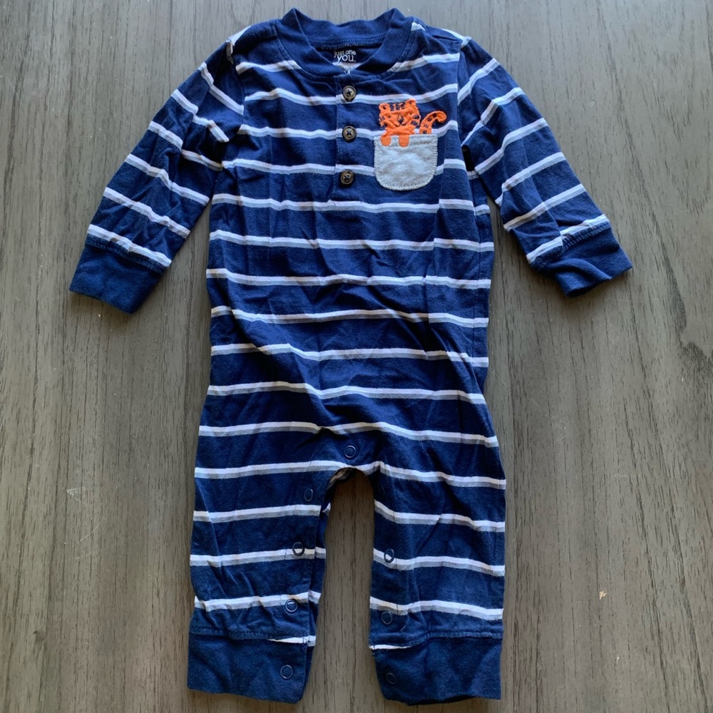 Carter's Blue and White Striped Footie with Tiger Patch